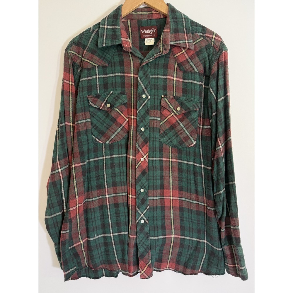Wrangler Western Shirts Flannel Men L Green Red Plaid Pearl Snap Pockets 75098AA